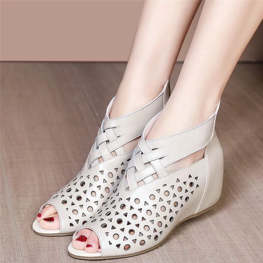 Women Genuine Leather Wedges High Heel Gladiator Sandals Female High Top Summer Open Toe Party Platform Pumps Shoe Casual Shoes