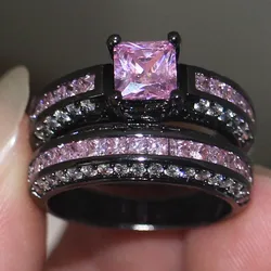 Vintage Pink Diamond Ring Sets 10KT Black Gold Filled Engagement Wedding Band Rings for women Bridal set Promise Party Jewelry