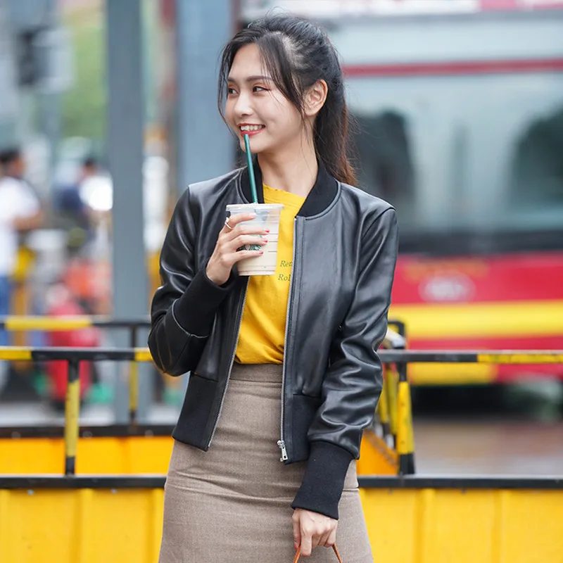 

Genuine Leather Jacket Women Real Sheepskin Leather Coat Short Women's Baesball Leather Jackets Chaqueta Mujer