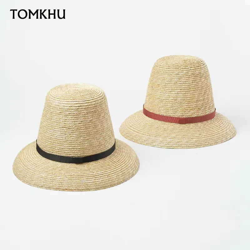 

2022 New Lamp Shape Sun Hat Vintage Ribbon Wide Brim Summer Beach Hat Lady High Top Straw Hat UV Protection Derby Travel Hat