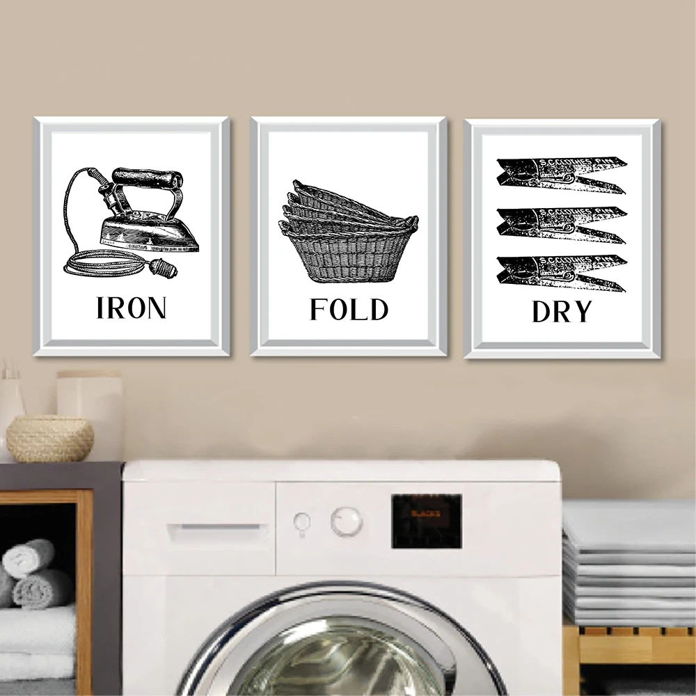 Vintage Laundry Room Wall Prints Wash Dry Fold Iron Posters Art Qoute Canvas Painting Nordic Bathroom Wall Decoration Pictures