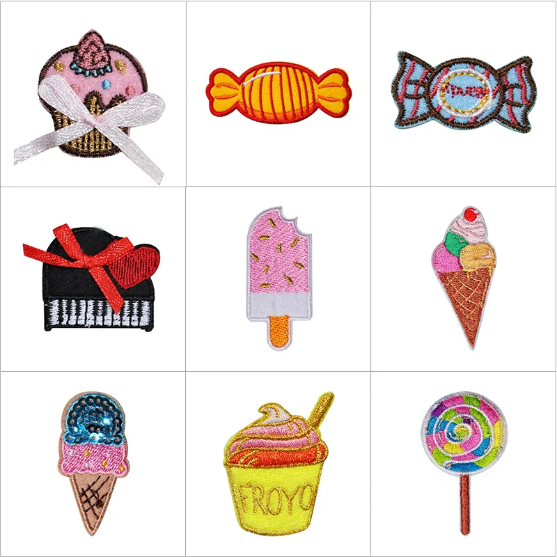 1Pcs Cartoon Sweets Lollipop Ice Cream Patches Iron On Kids Embroidered Decorative Sewing Applique for Clothes Bag DIY