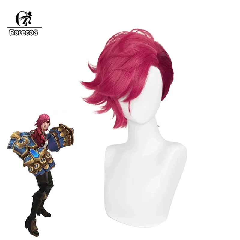 

ROLECOS LOL Arcane Vi Cosplay Wig Game LOL Vi Cosplay Wig Women 30cm Deep Rose Headwear Short Heat Resistant Synthetic Hair