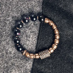 Rainbow Eye Obsidian Ottone Beads Bracelet Hammered Brass Charm  Large Two Tone Dainty Mix Metal Wrist Jewelry Unisex Men Women