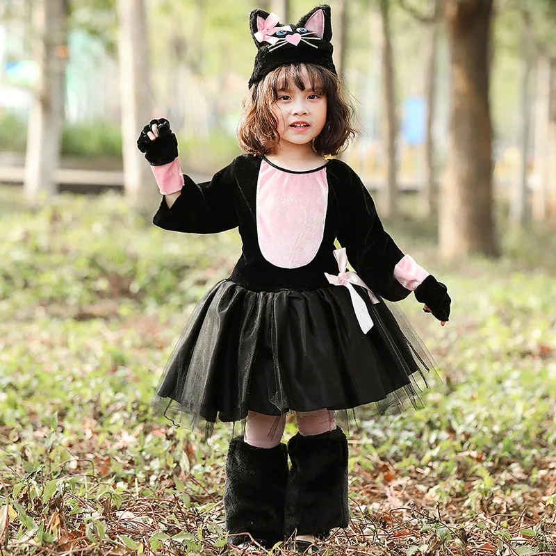 Umorden Kids dziecko śliczny różowy czarny kot Kitty kostium Cosplay Fantasia kostiumy na Halloween dla dziewczynek artystyczna sukienka