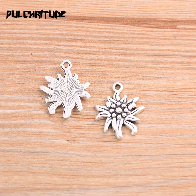 PULCHRITUDE 20pcs 17*21mm Metal Alloy Two Color Fresh Flowers Charms Small Plant Pendants For Jewelry Making DIY Handmade Craft