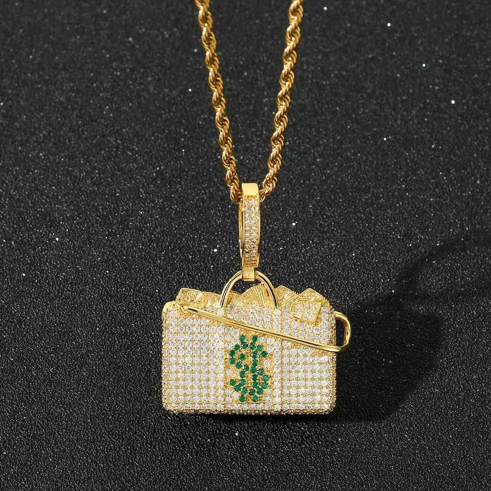 

New Fashion Iced Out Bling Bling Hiphop Dollar Sign Bag Charm Pendant Micro Paved CZ Stone Cash Coins Brass Pendant Necklace