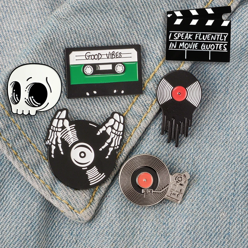 Music Movie DJ Lapel Metal Pins Vinyl Records Magnetic tape Record board Brooches Badges Backpack Pins Jewelry Gifts For Friends