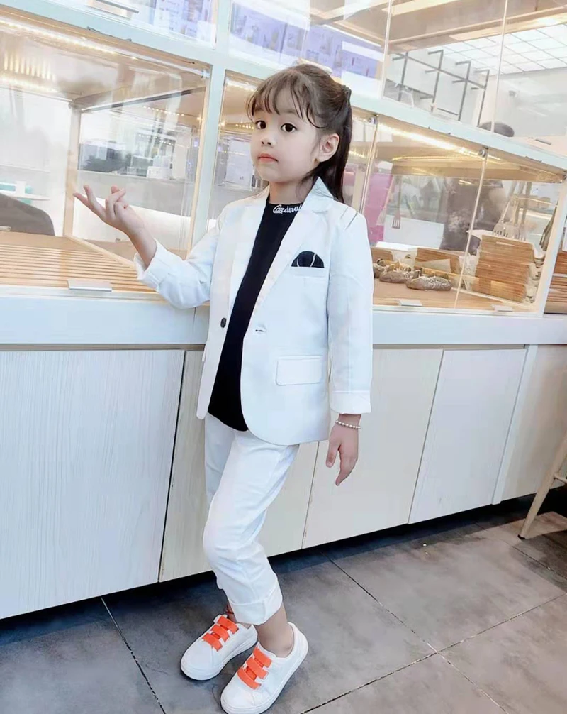 2021 Girls White Wedding Suit Kids Jacket+Vest+Pants 3Pcs baptism Tuxedo Clothing Set Children Graduation Party Costume