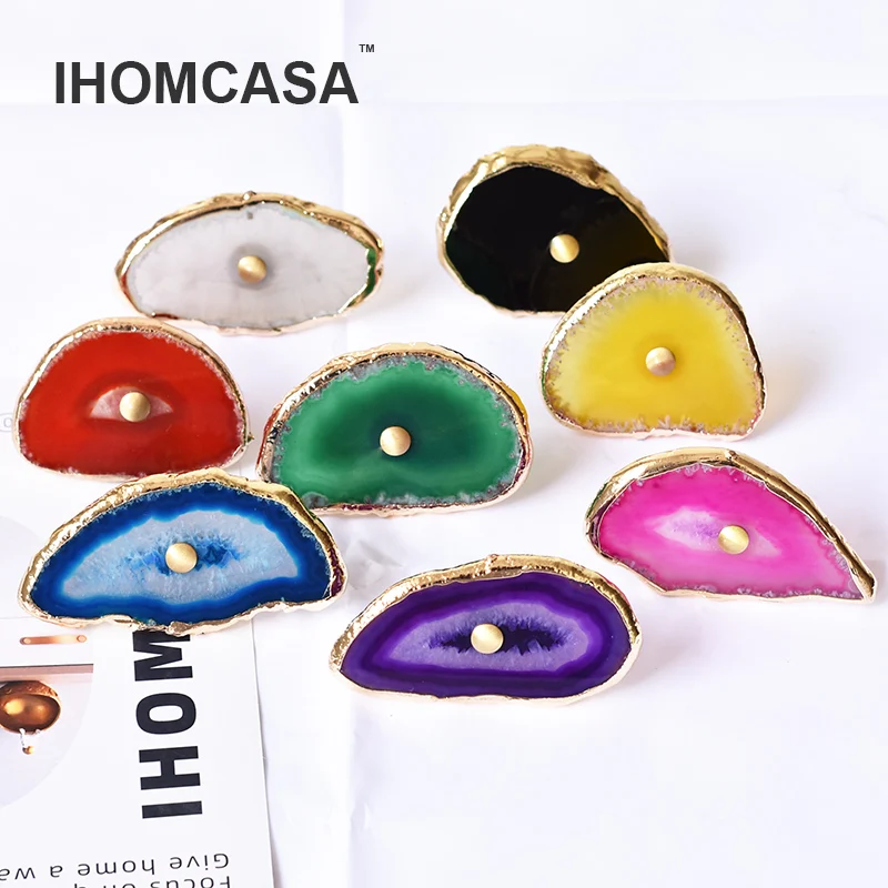 IHOMCASA Luxurious Brass Crystal Furniture Door Handles Wardrobe Cupboard Cabinet Knob Drawer Pull Natural Agate Stone Nordic