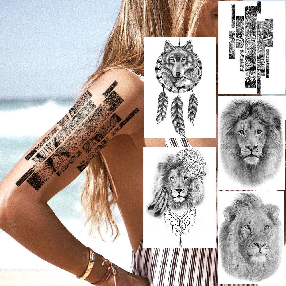 Dot Pattern Lion Temporary Tattoos Sticker Fake Black Dreamcatcher Wolf Flower Tatoo Waterproof Body Art Arm Tatoo For Women Men