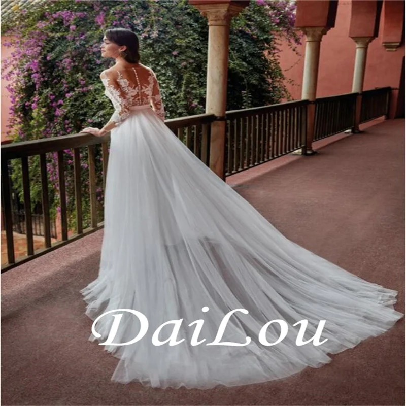 DAILOU Eightale Boho Wedding Dresses Appliques Lace A-Line Tulle Wedding Gown Beach Simple Bridal Dress bestidos de novia 2021