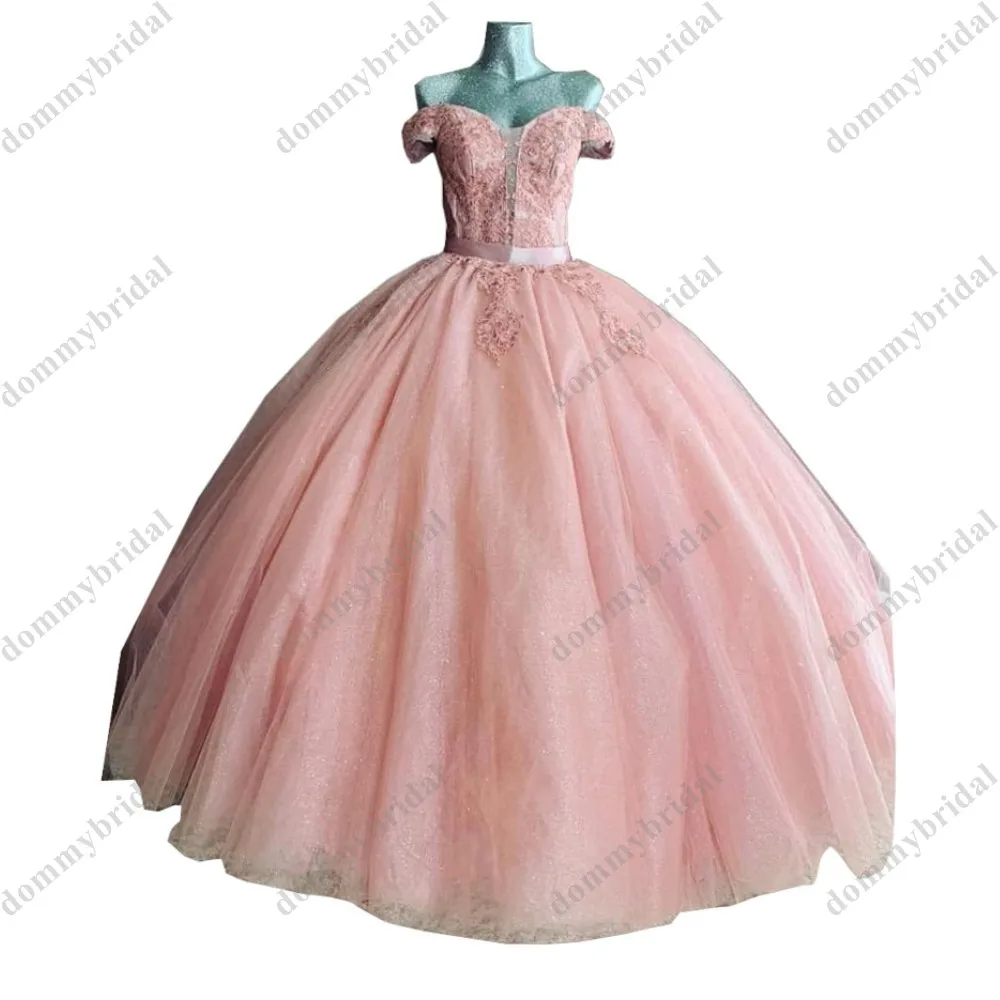 Bonito blush rosa fora do ombro bling lantejoulas tule quinceanera vestidos com mangas rendas apliques 2022 espartilho vestidos de noite