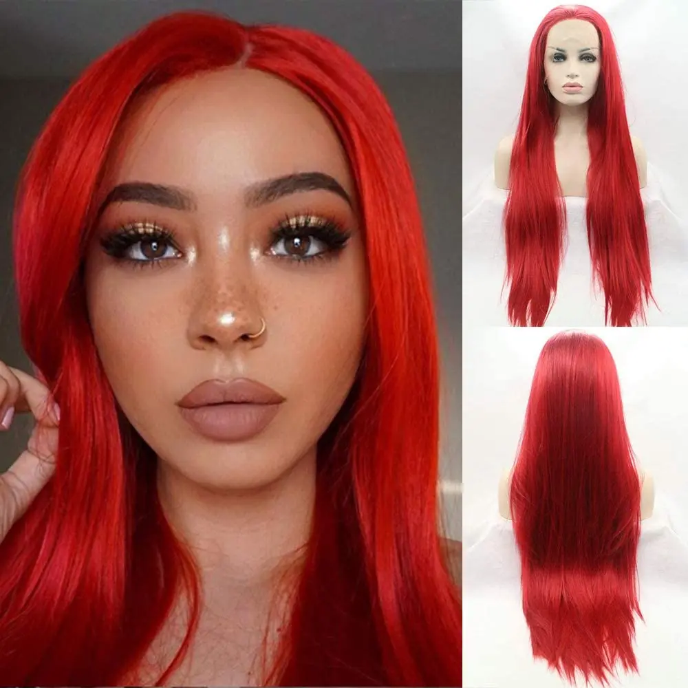 Red Color Natural Looking Synthetic Lace Front Wigs for Women Fashion Long Straight Fiber Hair Heat Resistant Full Wig 24 Inch