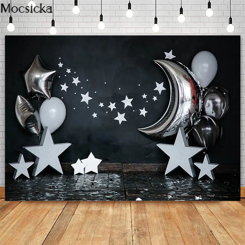 Fondo para sesión de fotos de cumpleaños, pastel Smash para niños recién nacidos, estrella plateada, Luna, decoración de globos, fondo negro, estudio fotográfico