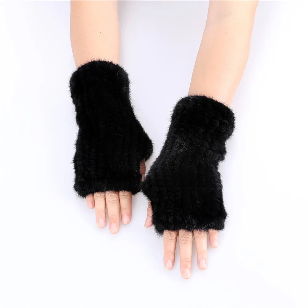 

Top Quality Women's 100% Winter Warm Real Mink Fur Knitted Half Finger Gloves Girls Typing Mittens