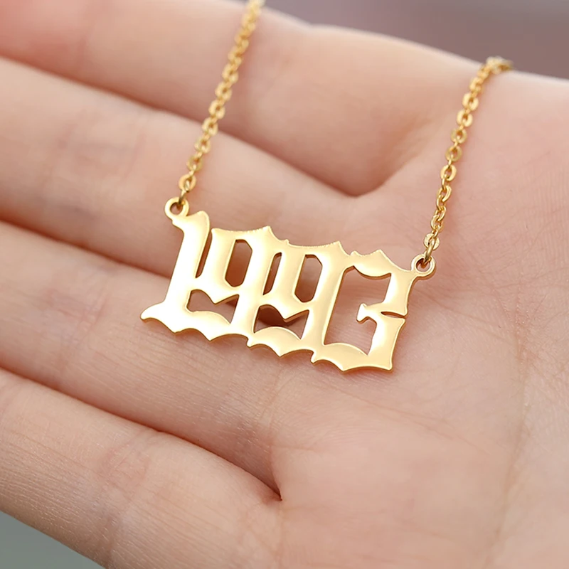 Stainless Steel Birth Year Necklace For Women Men Gold Color Goth Angel Number Necklace Pendant Jewelry Neck Chain Birthday Gift