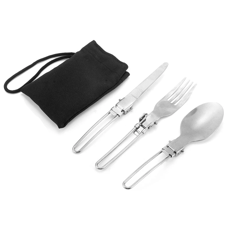 Portable Stainless Steel Folding Outdoor Camping Picnic Tableware Travel Tableware Three-Piece Stainless Steel Fold Fork Spoon