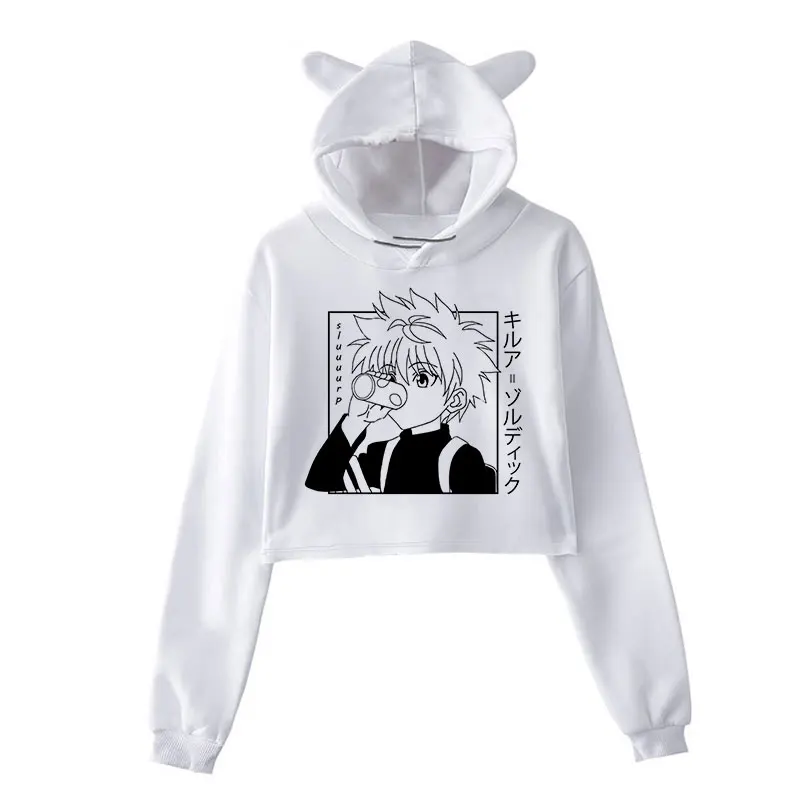 Women Cosplay Crop Hoodie Kawaii Hunter X Hunter Sweatshirt Killua Zoldyck Hoodies Crew Neck Fitted Soft Anime Manga Clothes Y2k