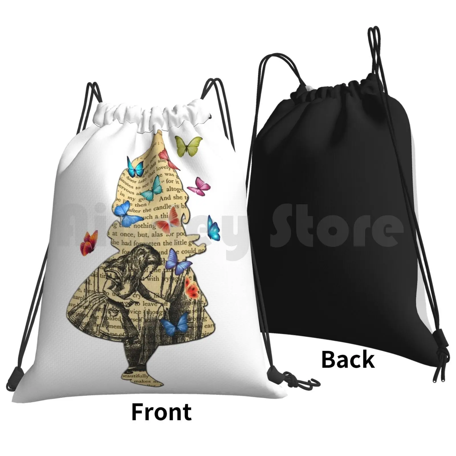 Alice In-Vintage Book Backpack Drawstring Bags Gym Bag Waterproof Follow White Rabbit Typography Text Quote Books Nature