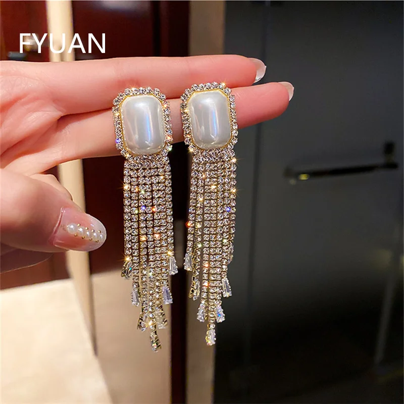 FYUAN Long Tassel Full Rhinestone Drop Earrings for Women  Square Pearl Geometric Dangle Earrings Fashion Jewelry Accessories