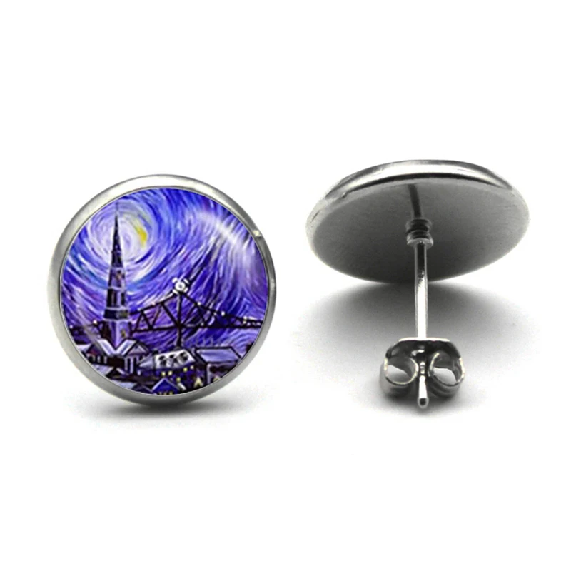 Van Gogh Almond Stud Earrings Branch in Bloom Art Earring Bridal Jewelry Van Gogh\'s Painting Glass Cabochon art Earring
