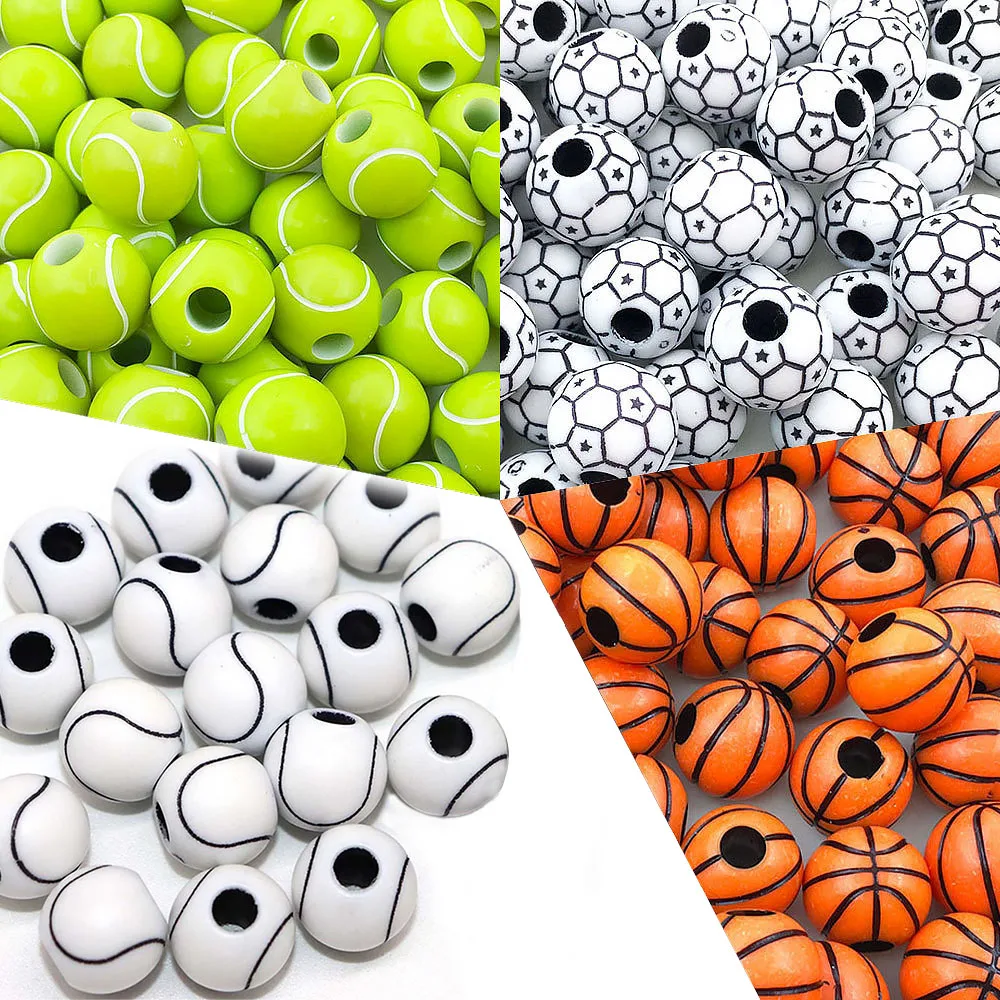 50Pcs Acrylic Spherical Loose Spacer Beads Football Basketball Tennis Sports Ball Beads For Jewelry Making DIY Bracelet Necklace