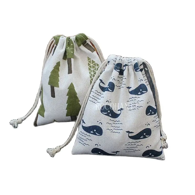 Children's cartoon tree whale design cotton cloth linen bag drawstring clothes toy storage bag shopping gift bag small pouch