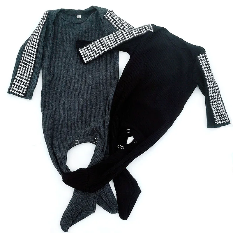 Baby Boy Girl Soft Cotton Houndstooth Ribbon bodysuit baby Fall Clothes Casual Long Sleeves Ribbed Outfits Kids Rompers Pajamas