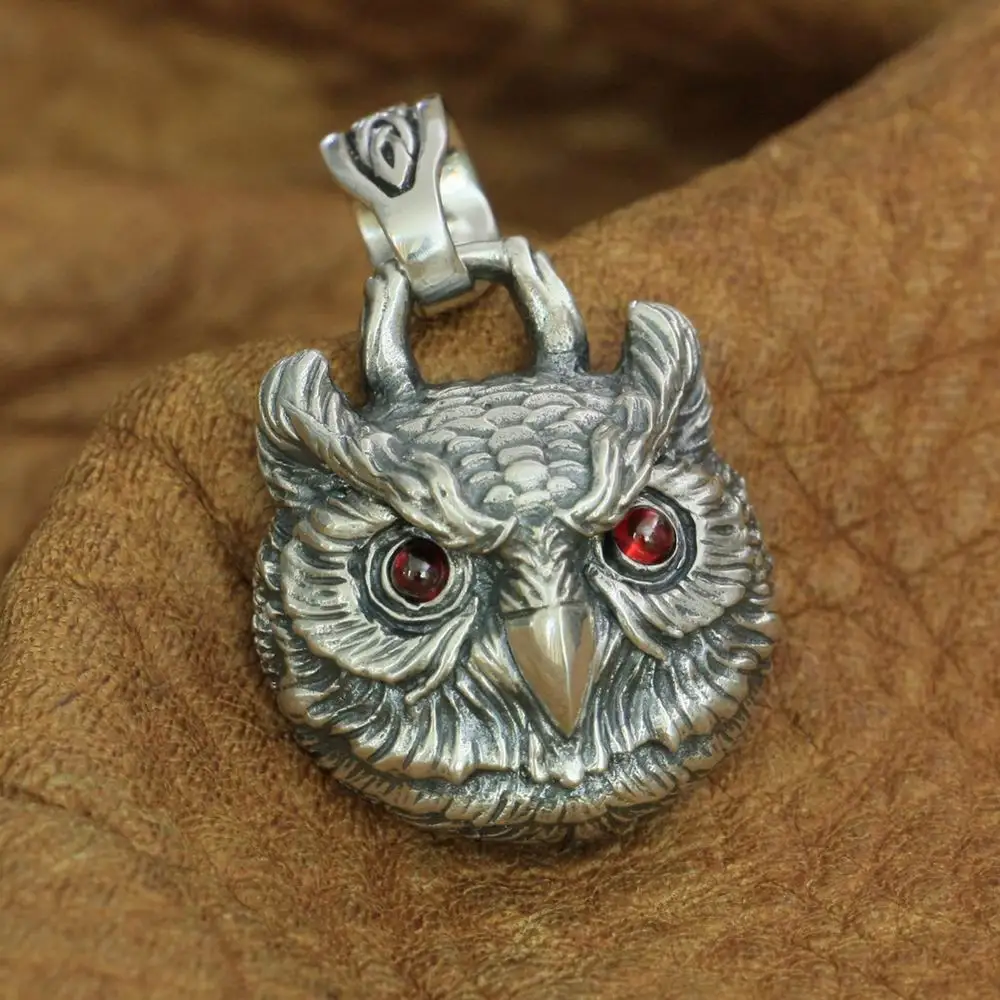 

925 Sterling Silver Red Eyes Owl Pendant Charms Punk Jewelry TA277