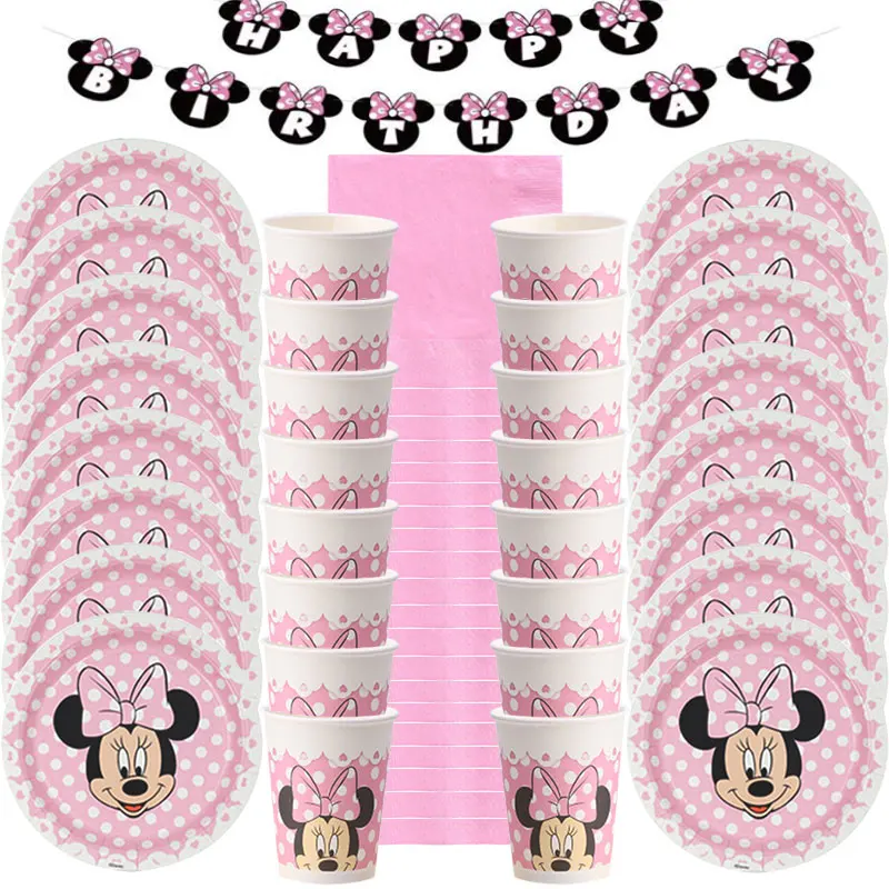 

53pcs/Disney Minnie Mouse Theme Cups Plates Napkins Banners Party Supplies Kids Girls Baby Shower Birthday Party Decorations Set