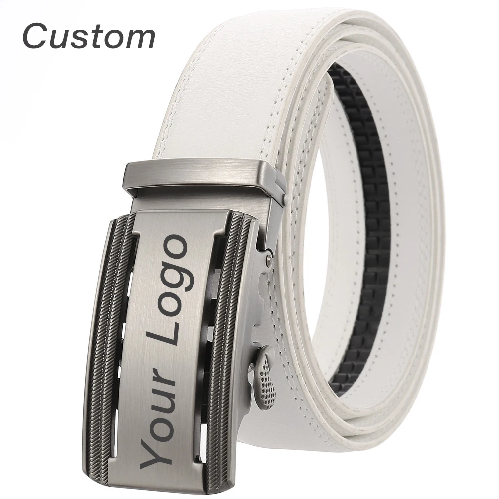 Personalized Mens White Leather Belt Business Custom Engraved Name Logo Men's Automatic Buckle Accessories Waistband Gifts