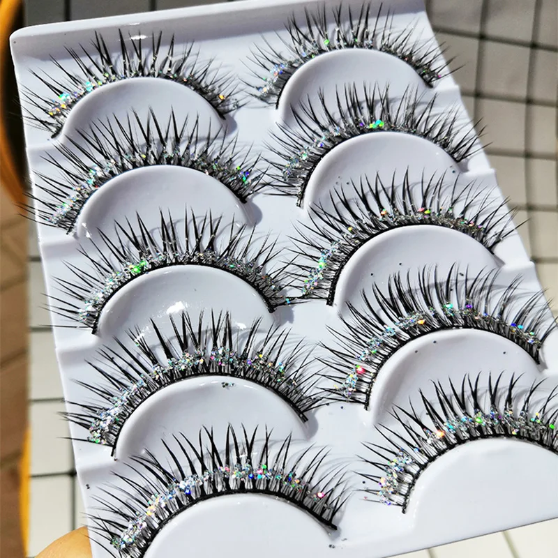 5Pairs Handmade Eyelashes Silver Glitter Thick Fake Eyelashes Beauty Makeup Stage Performance Latin High Quality False Eyelashes