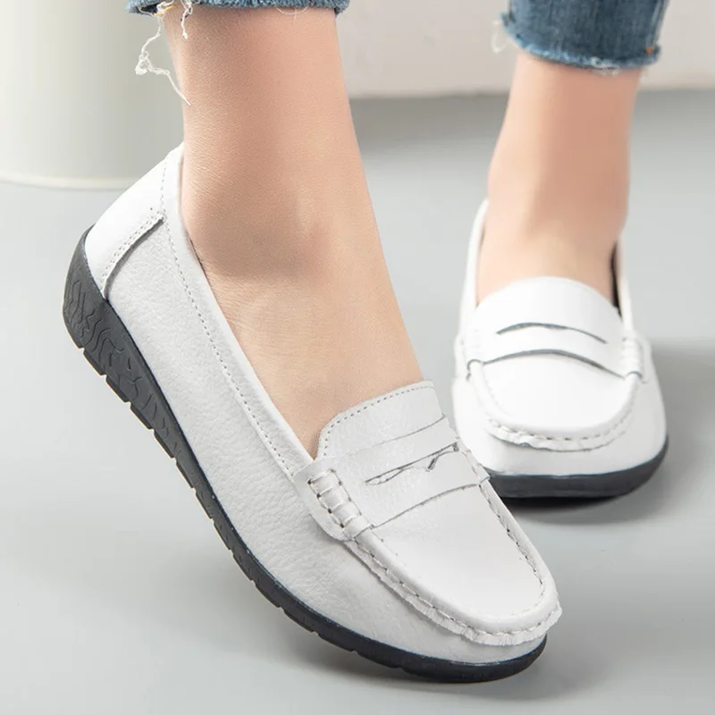 Women Flats Genuine Leather Shoes Woman Platform Casual Soft Women\'s Loafers Shallow Slip On Shoes Women Nurse Ladies Shoes