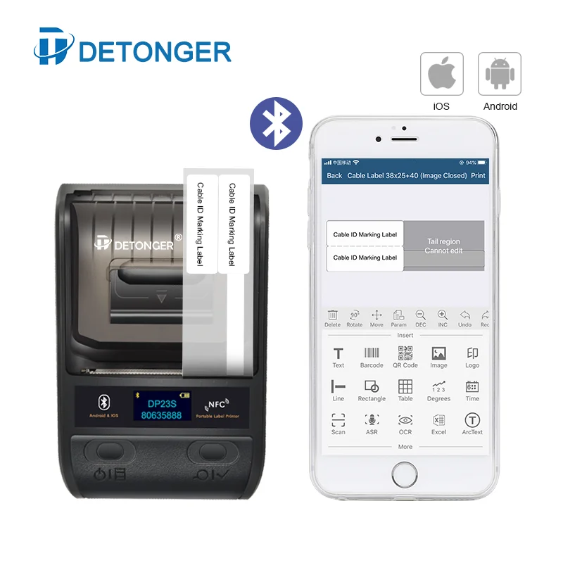 DETONGER DP23 58mm Portable Smart Thermal Printer for Cable Label Maker BT Barcode QR Code Sticker Cable Tag Printer