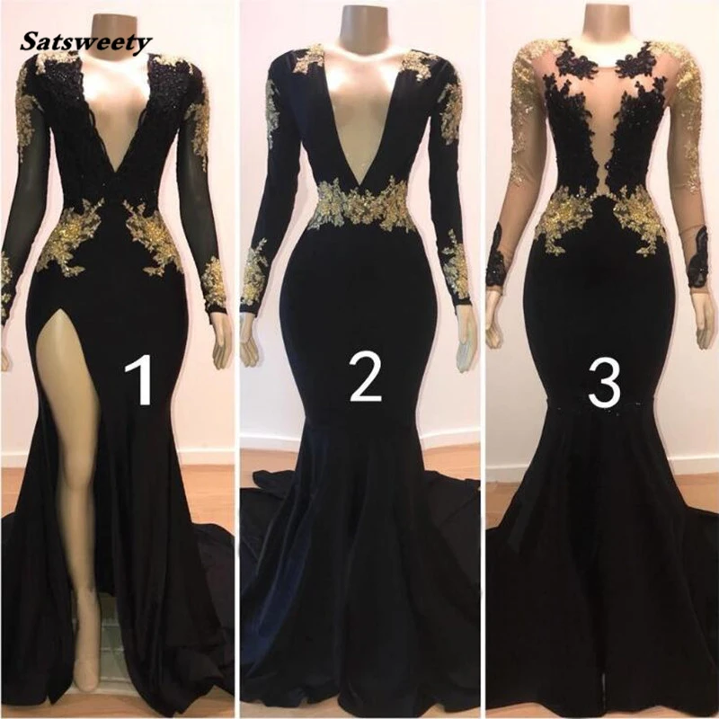 Real Picture Drie Stijlen Avond Formele Jurken Elegant Gold Applique Lange Mouwen Mermaid Party Gown Side Slit Vestido De Festa