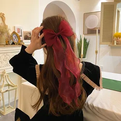 Women Long Lace Hairclip Hair Accessories Red Blue Pink Bow Barrette Ponytail Hairpin Shiny Silk Bow Clips Ribbons Wholesale