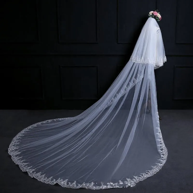 New Arrival Lace Edge wedding veil long Ivory 3 Meter Long Bride Wedding accessories Bridal Veils Voile mariage tocado novia