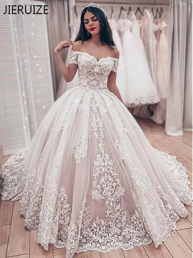 Luxury Lace Appliques Wedding Dresses Sweetheart Off The Shoulder Ball Bridal Gowns