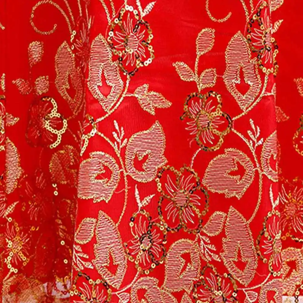 Female Long Short Sleeve Cheongsam Gold Sequin and Embroidery Chinese Traditional Dress Women Qipao Red Chinese Wedding Dress