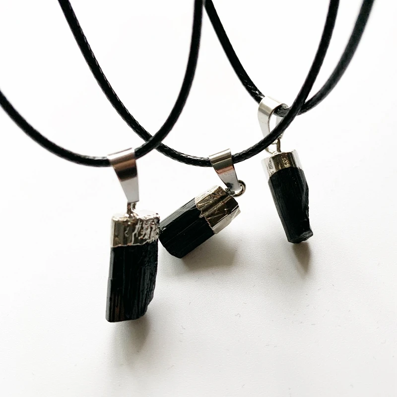 Natural Black Tourmaline Stone Pendant Radiation Protection Stone Necklace Rough Crystal Raw Jewelry Dropship 1pc image 4