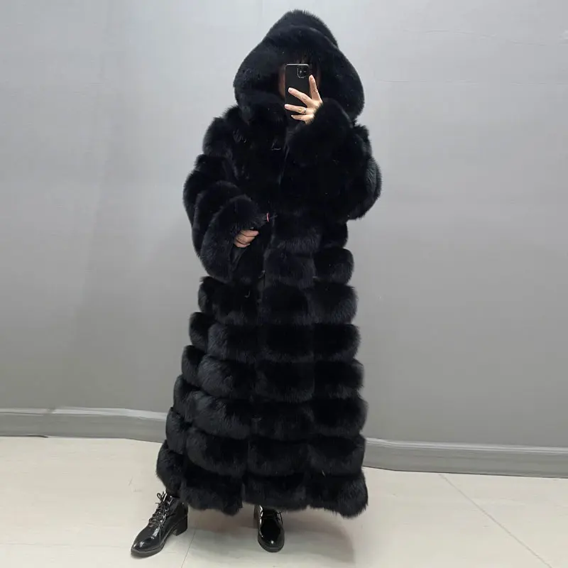 

Winter Women Real Fox Fur Coat Thick Warm Full Sleeves Hooded High Quality Natural Fur Fashion Overcoat Customizable Size