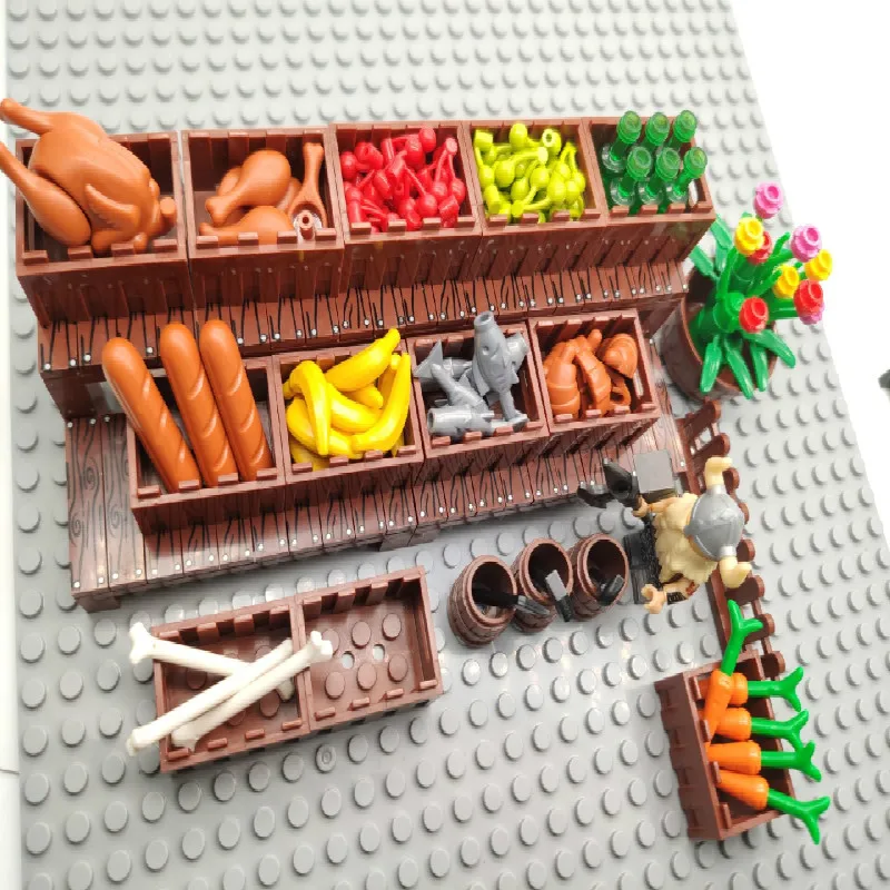 MOC Medieval Building Blocks City Food Fruit Carrot Bread Scene Table Toys for Kids