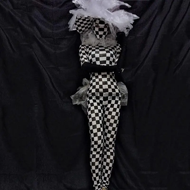 

Clown Black And White Grid Jumpsuit Stage Costume Women Nightclub Singer Rave Clothes Halloween Party Festival Outfit