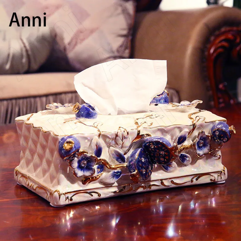 

European Ceramic Tissue Boxes Flower Relief Decorative Pumping Paper Storage Box Bedroom Desktop Ornament Living Room Decoration