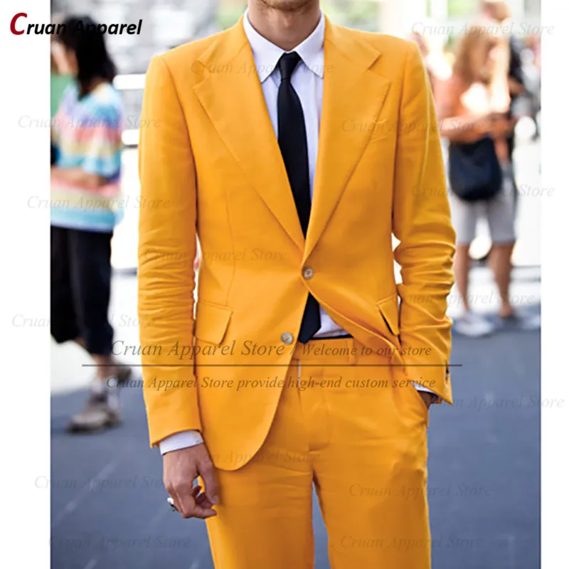 

2025 New Orange Suits Men Set Slim Fit Groomsmen Groom Wedding Suit Tuxedo Tailor-made Streetwear Formal Party Jacket Pants 2Pcs