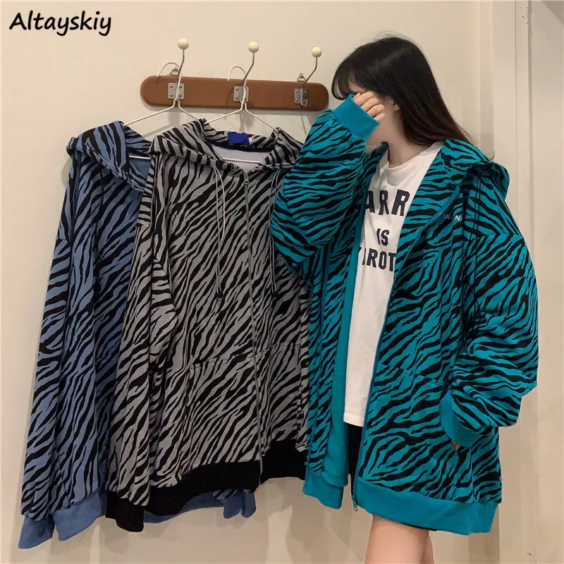 Bluzy damskie Zebra-print Baggy jesień Design Streetwear nastolatki w stylu BF Ins podstawowe neutralne panele Vintage powszechne Femme