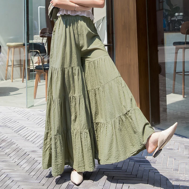 Summer Women Elastic High Waist Wide Leg Pants Thin Pleated Loose Casual Trousers Solid Color Comfortable Street Office Pants