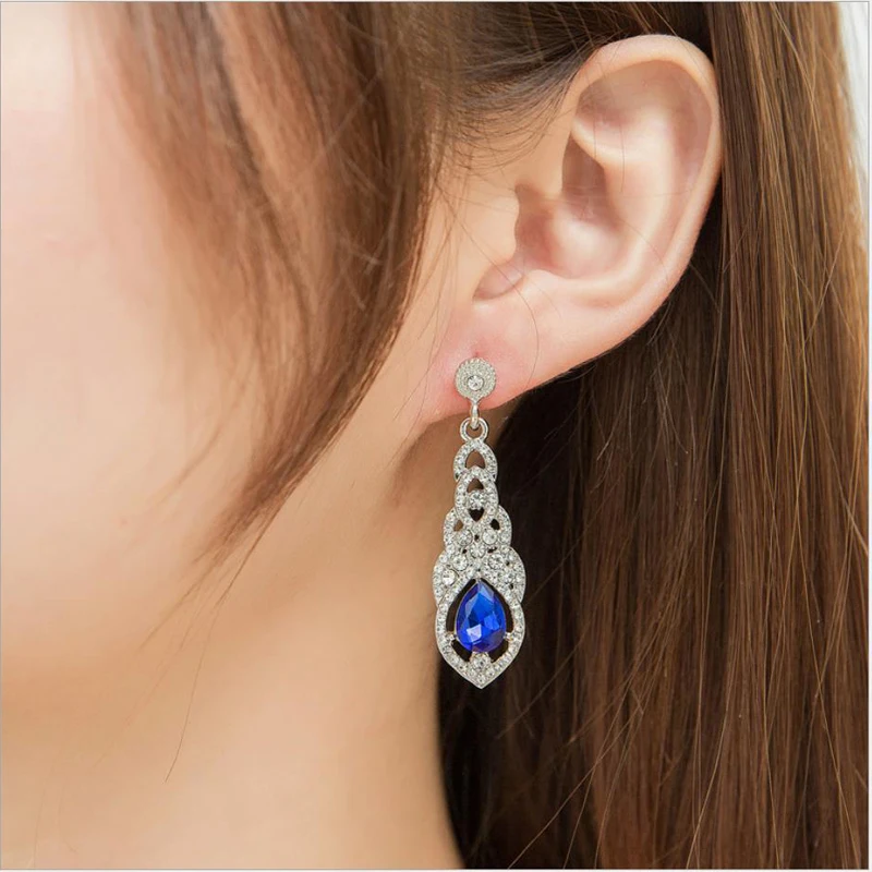 Dangle & Chandelier Earring  water-drop pendant white blue crystal setting alloy material silver color gold color plated