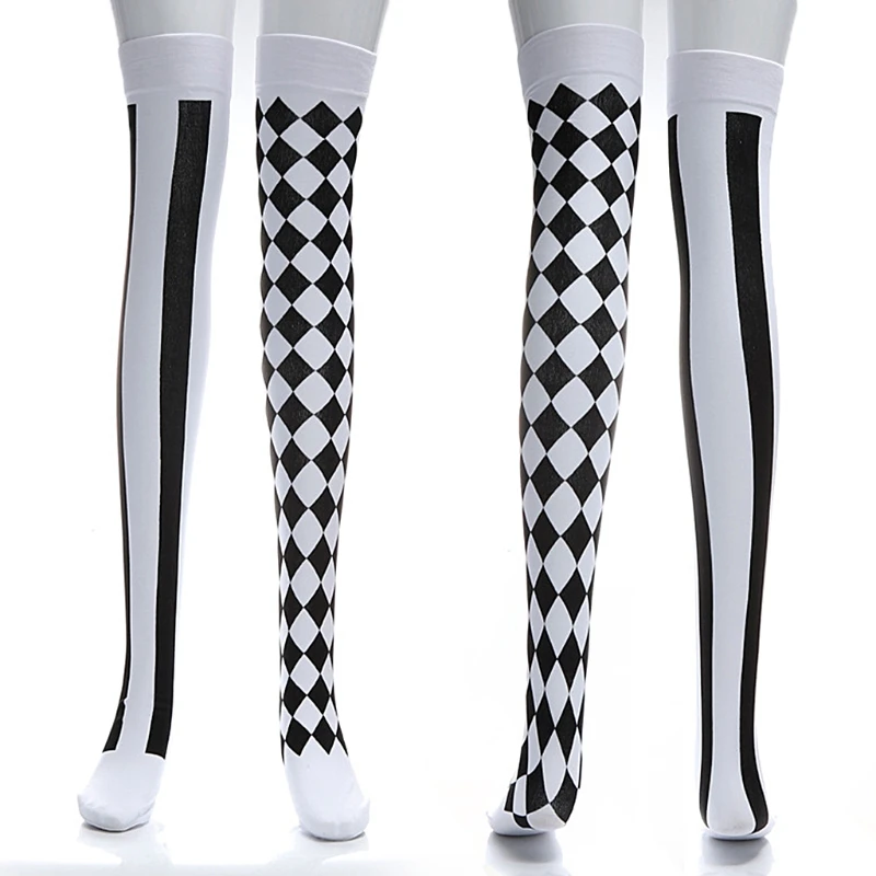 Clown Costume Black White Plaid Knee-High Long Socks Halloween Carnival Party DropShip